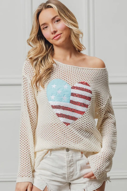Comfortable, sweater, flag, heart shape, off white, women’s clothing