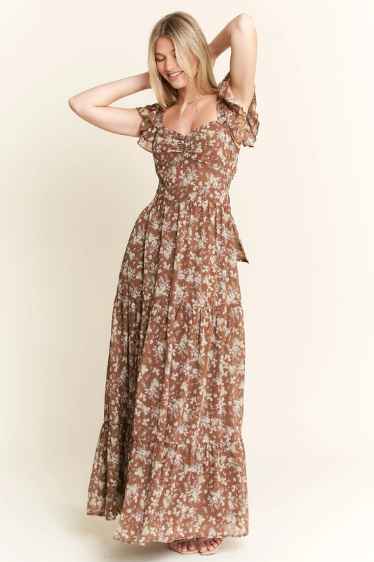 comfortable, sun dress, flower, pattern, brown, women’s clothing