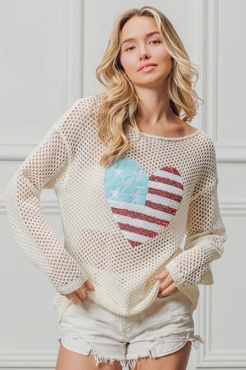 Comfortable, sweater, flag, heart shape, off white, women’s clothing
