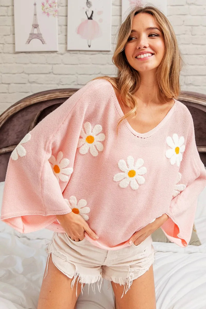 Comfortable, sweater, pink, flower pattern, women’s clothing