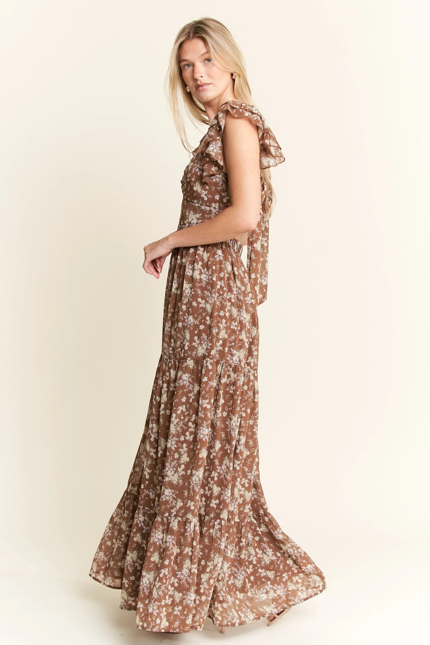 comfortable, sun dress, flower, pattern, brown, women’s clothing