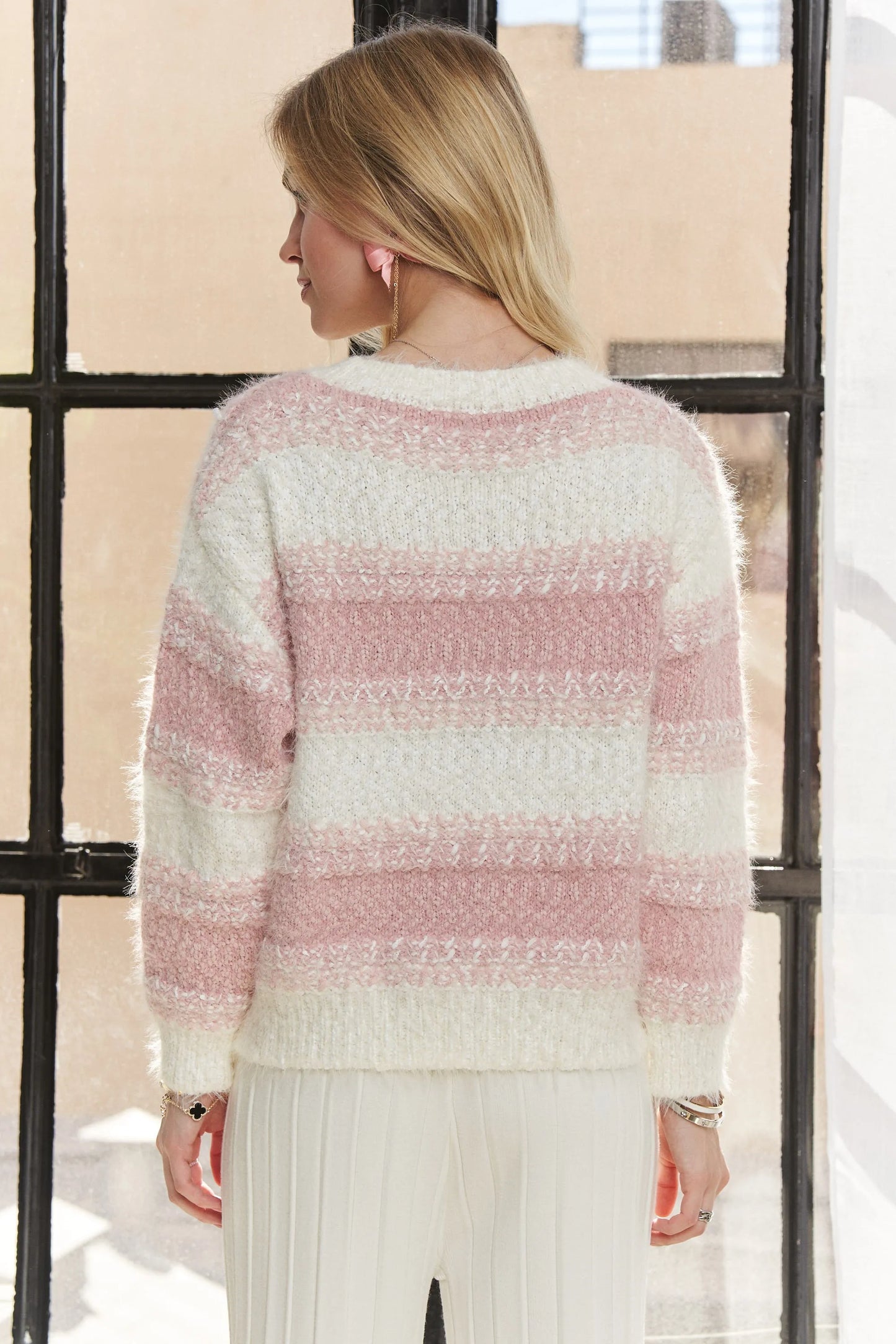 Comfortable, sweater, white, pink, striped pattern, women’s clothing