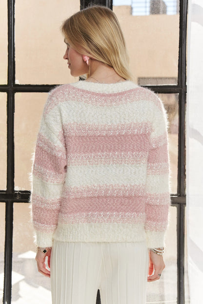 Comfortable, sweater, white, pink, striped pattern, women’s clothing