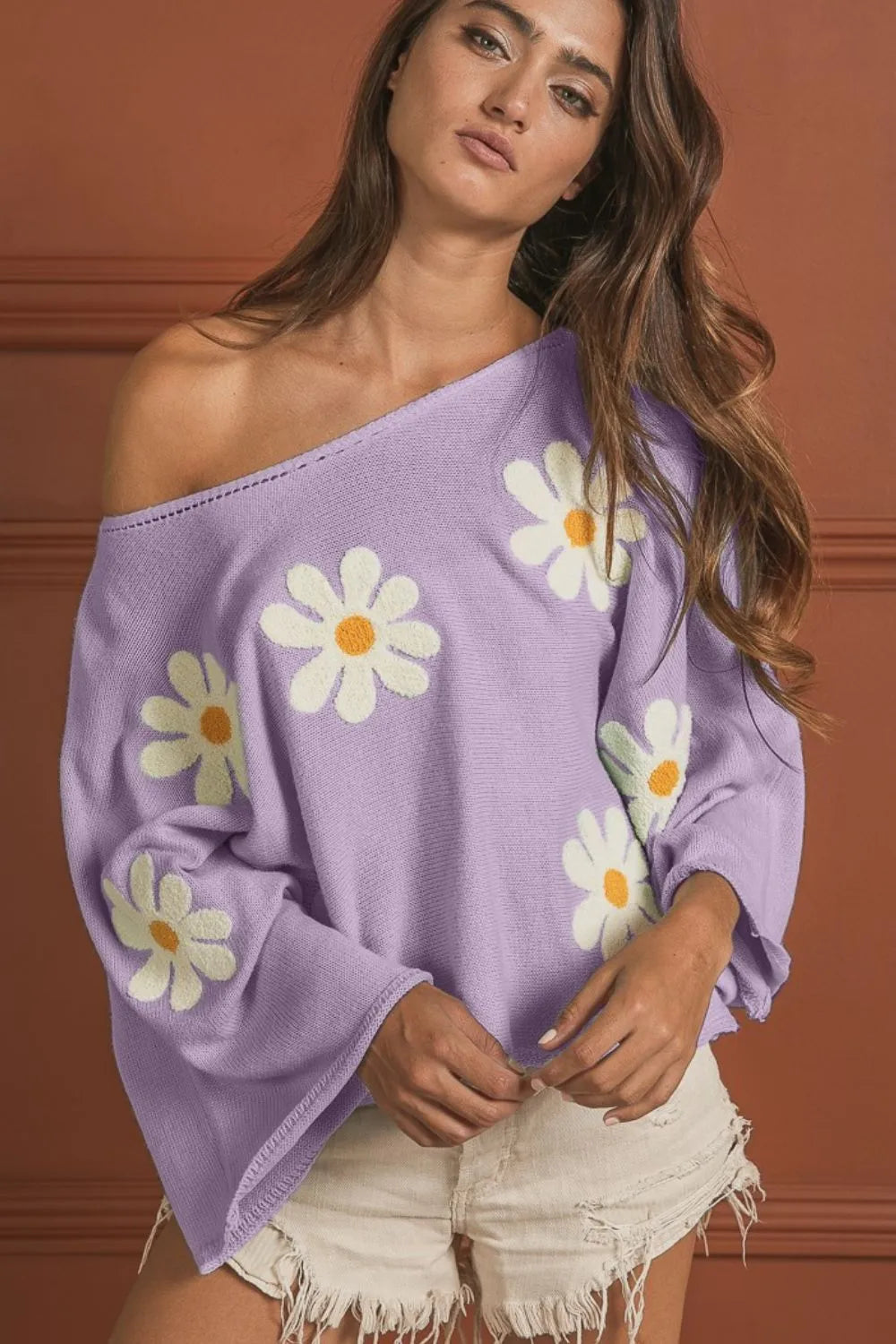 Comfortable, sweater, purple, flower pattern, women’s clothing