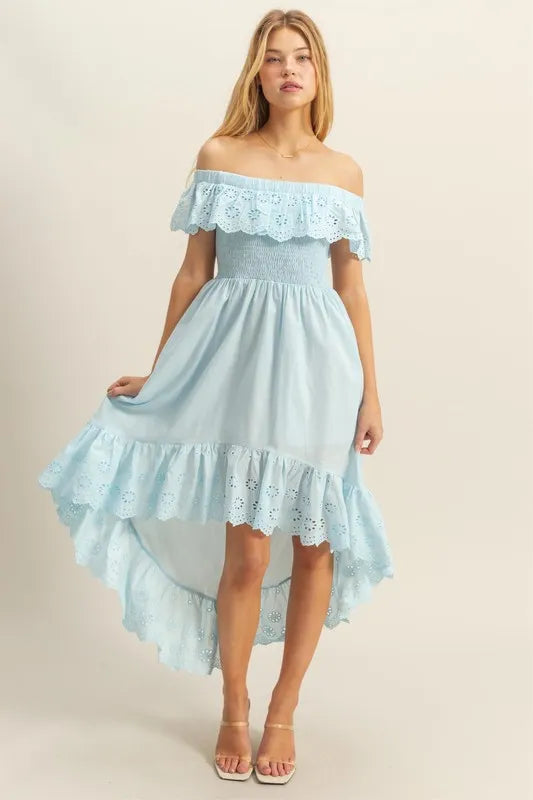 Comfortable, blue, off the shoulder, sun dress, women’s clothing
