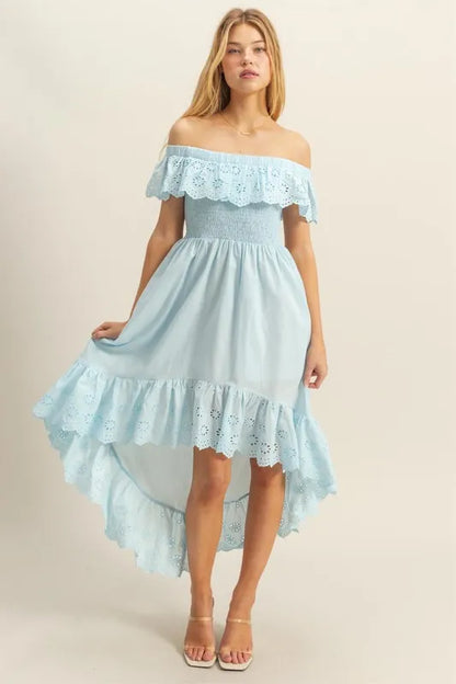 Comfortable, blue, off the shoulder, sun dress, women’s clothing