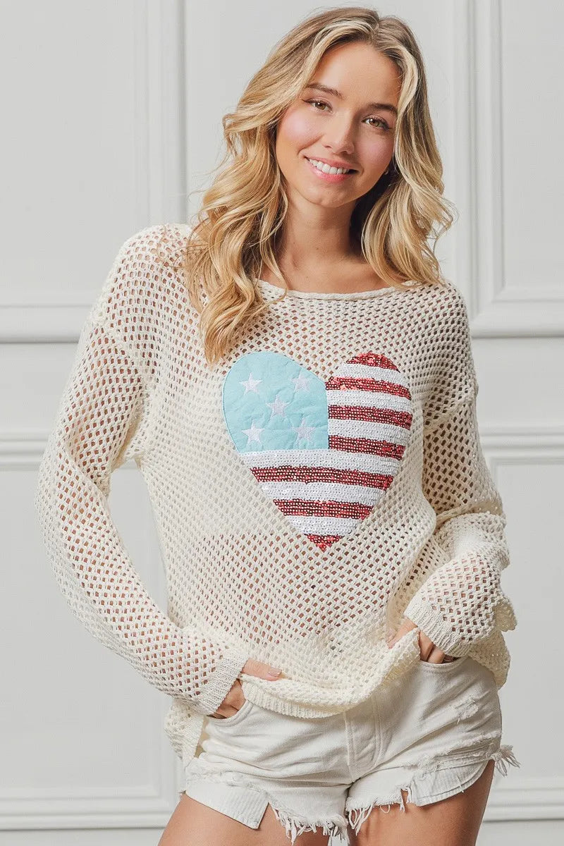 Comfortable, sweater, flag, heart shape, off white, women’s clothing