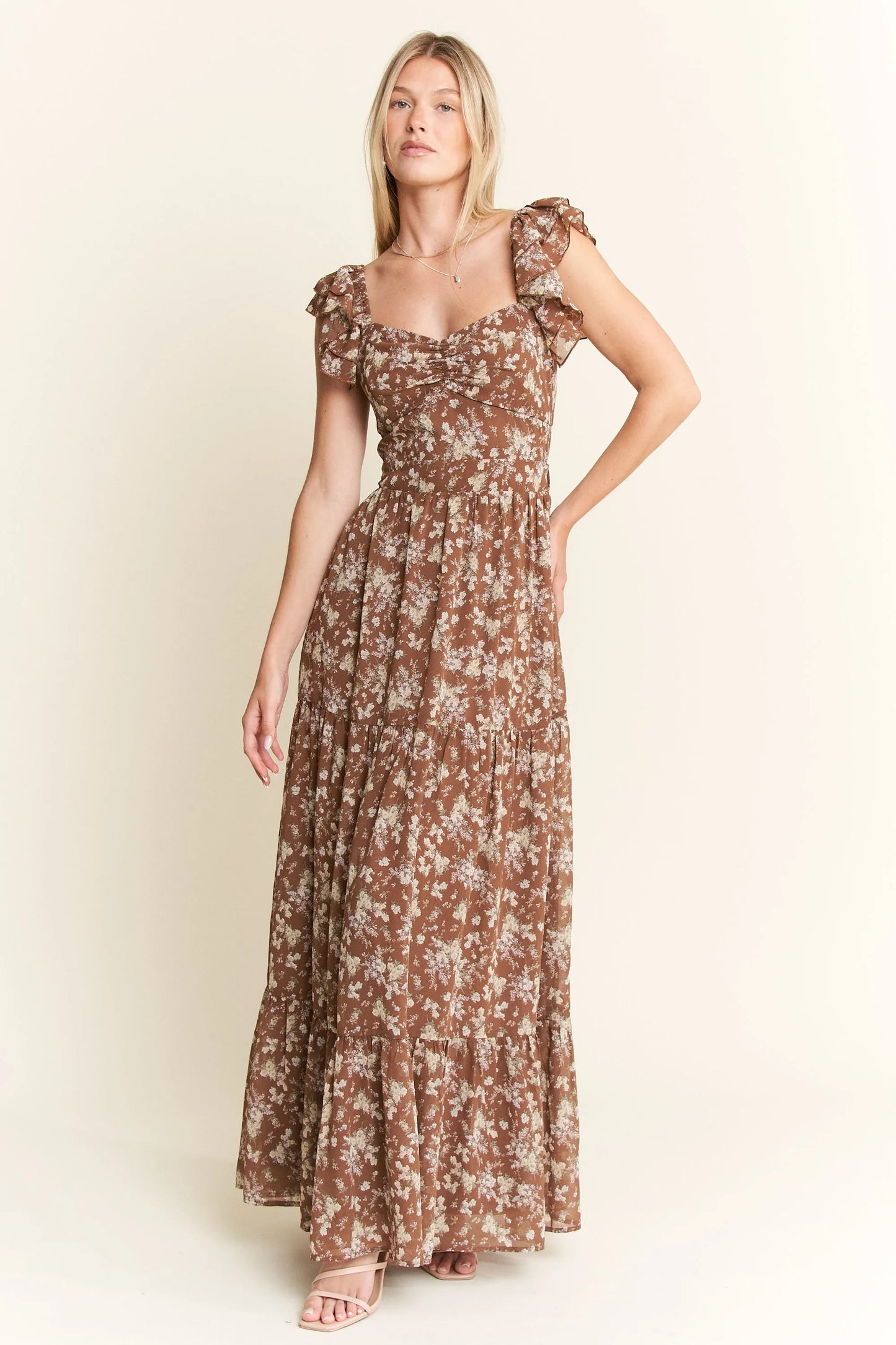 comfortable, sun dress, flower, pattern, brown, women’s clothing