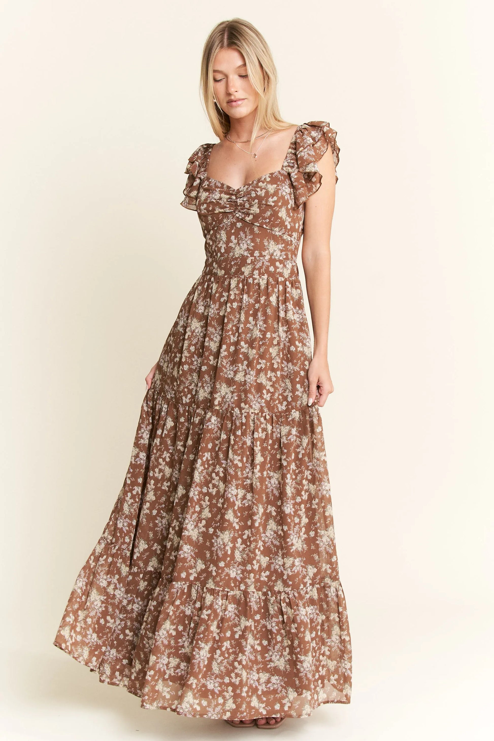 comfortable, sun dress, flower, pattern, brown, women’s clothing