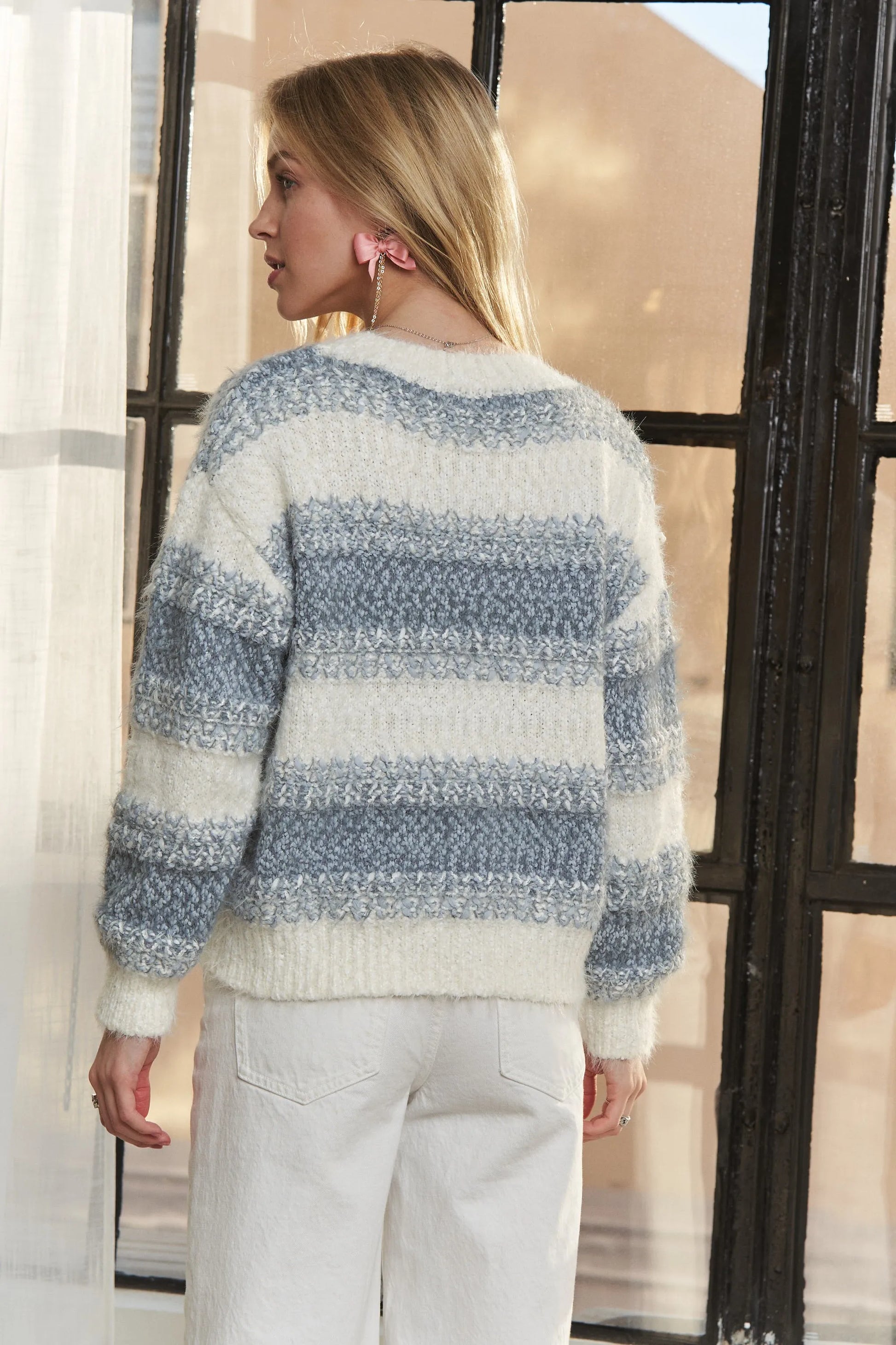 Comfortable, sweater, white, blue, striped pattern, women’s clothing