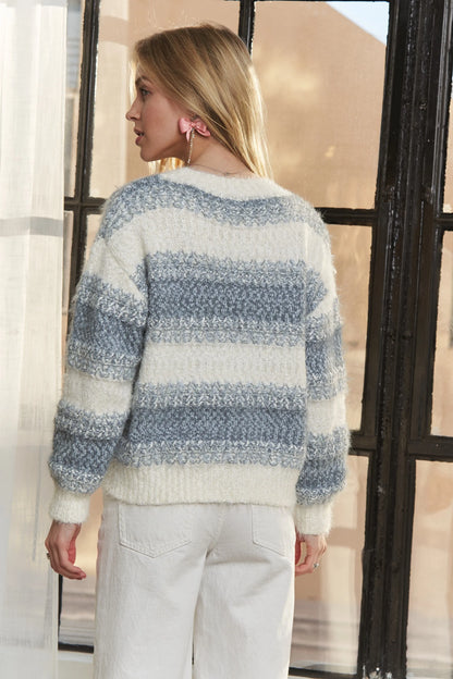 Comfortable, sweater, white, blue, striped pattern, women’s clothing