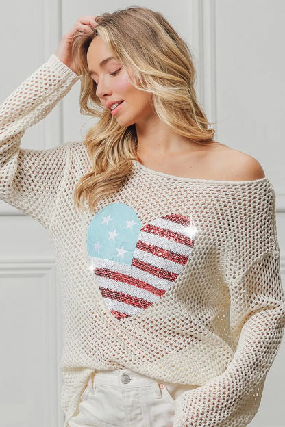 Comfortable, sweater, flag, heart shape, off white, women’s clothing