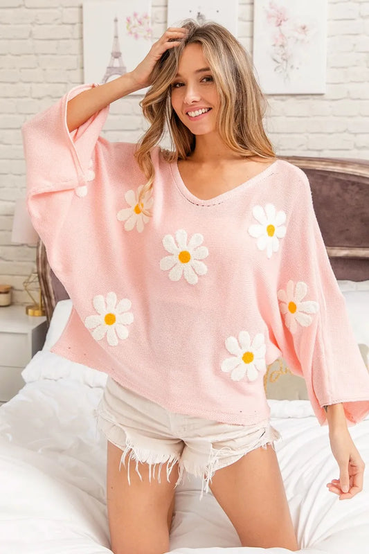 Comfortable, sweater, pink, flower pattern, women’s clothing