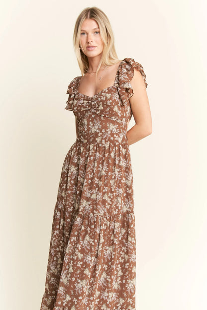 comfortable, sun dress, flower, pattern, brown, women’s clothing