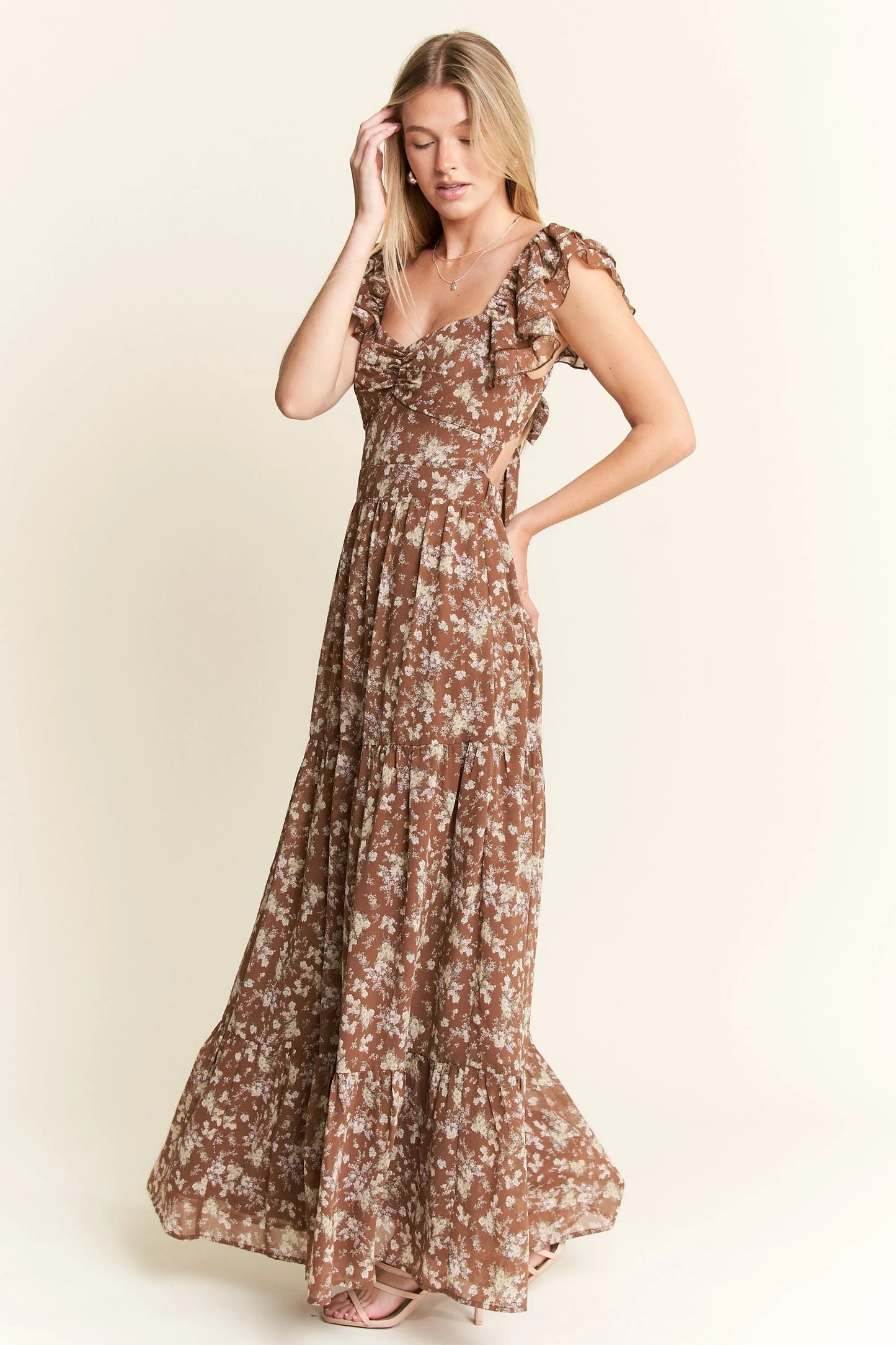 comfortable, sun dress, flower, pattern, brown, women’s clothing