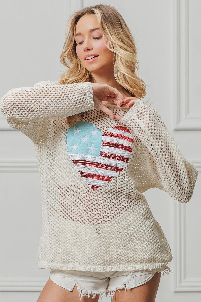 Comfortable, sweater, flag, heart shape, off white, women’s clothing