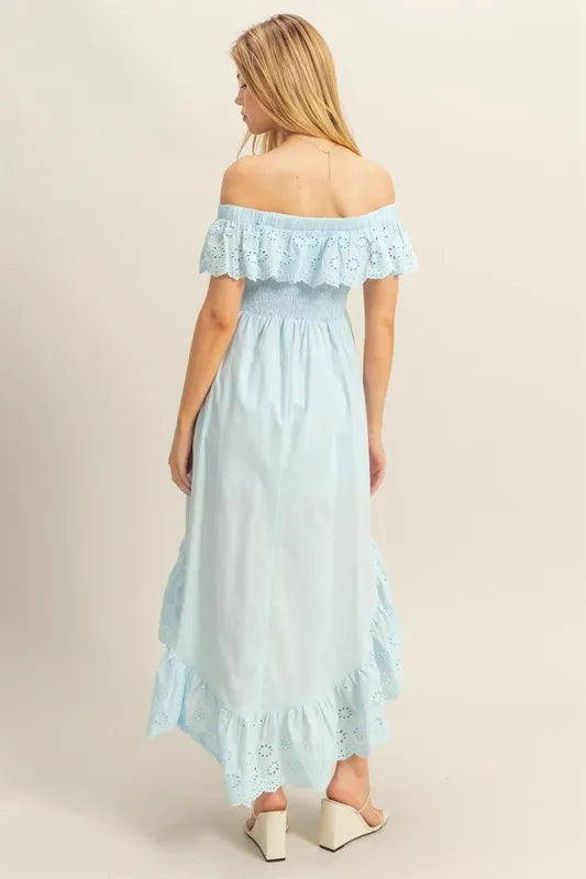 Comfortable, blue, off the shoulder, sun dress, women’s clothing