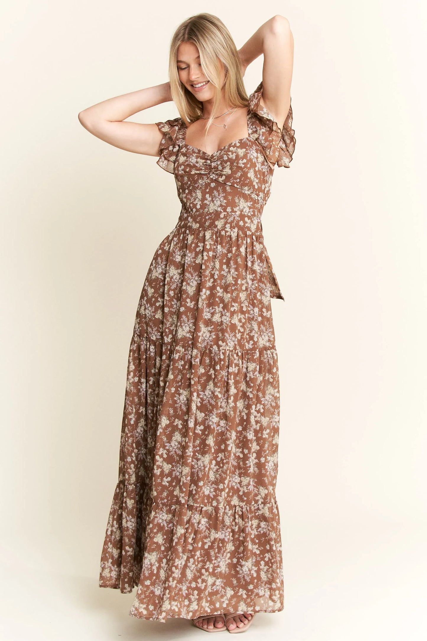 comfortable, sun dress, flower, pattern, brown, women’s clothing