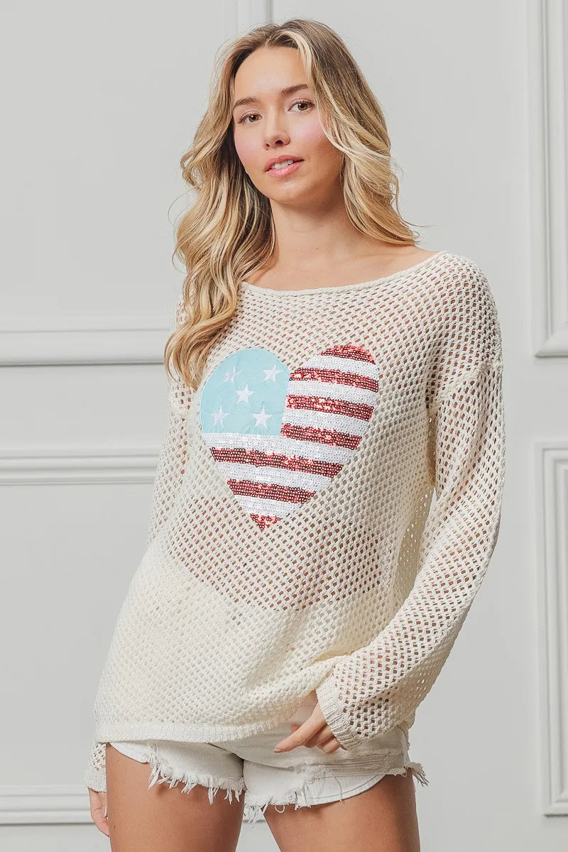 Comfortable, sweater, flag, heart shape, off white, women’s clothing
