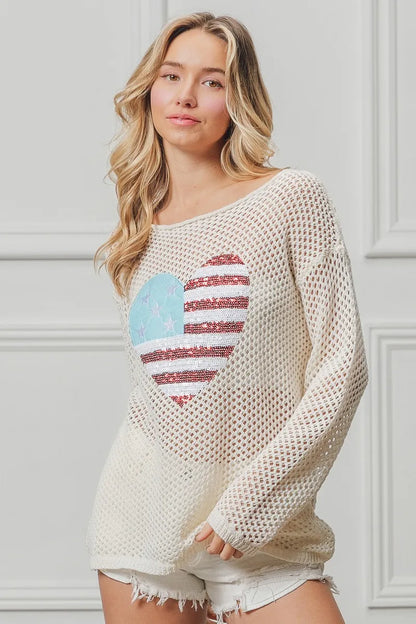Comfortable, sweater, flag, heart shape, off white, women’s clothing