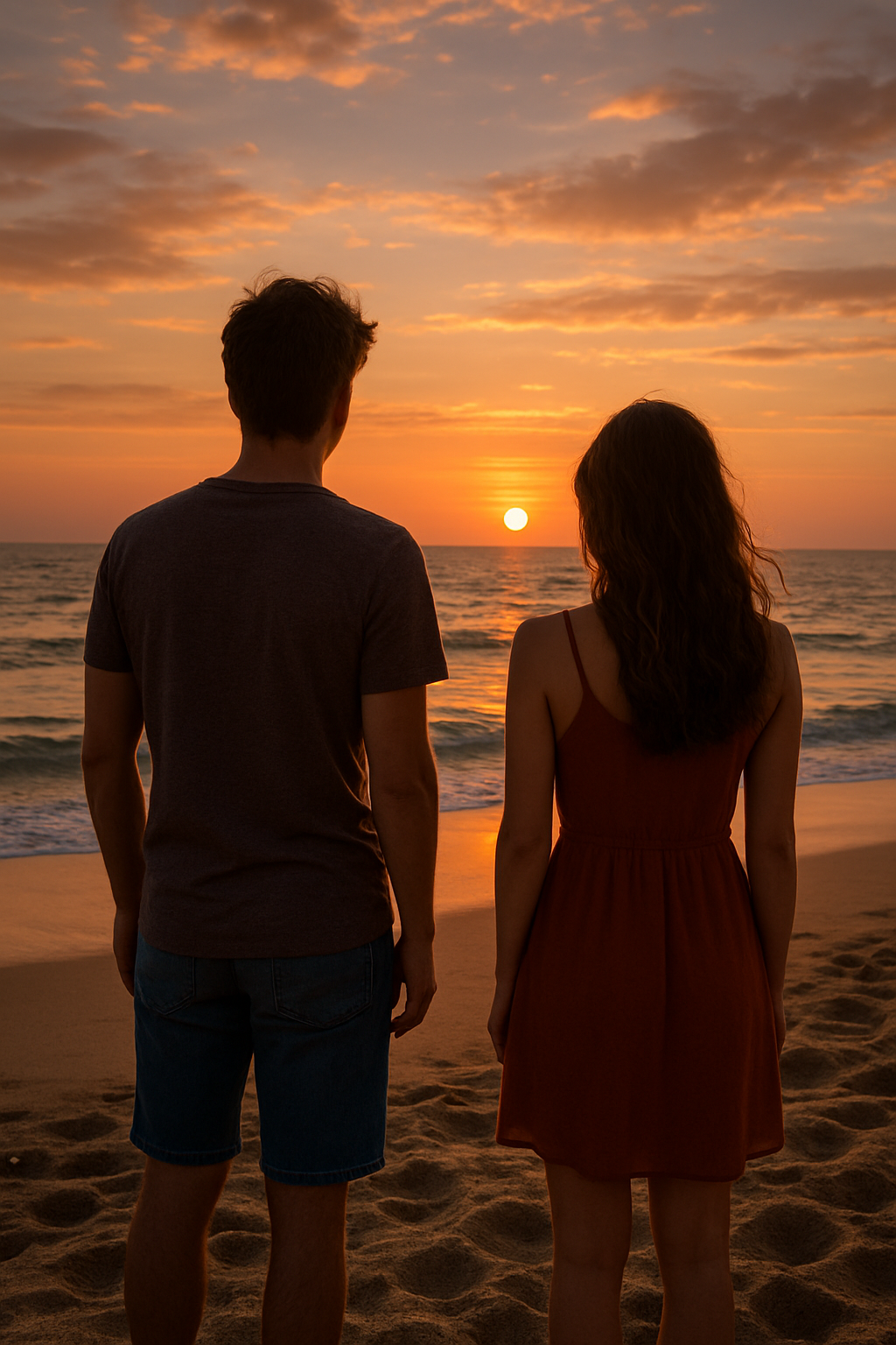 Boy and girl, beach, red dress, red shirt, blue shorts