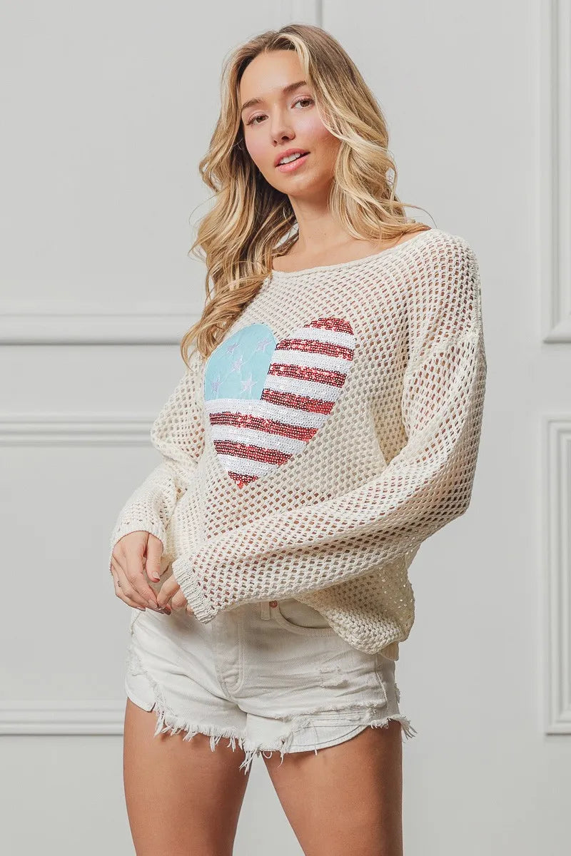 Comfortable, sweater, flag, heart shape, off white, women’s clothing