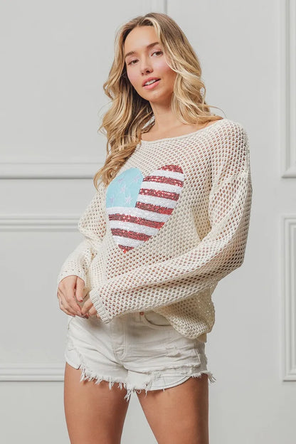 Comfortable, sweater, flag, heart shape, off white, women’s clothing