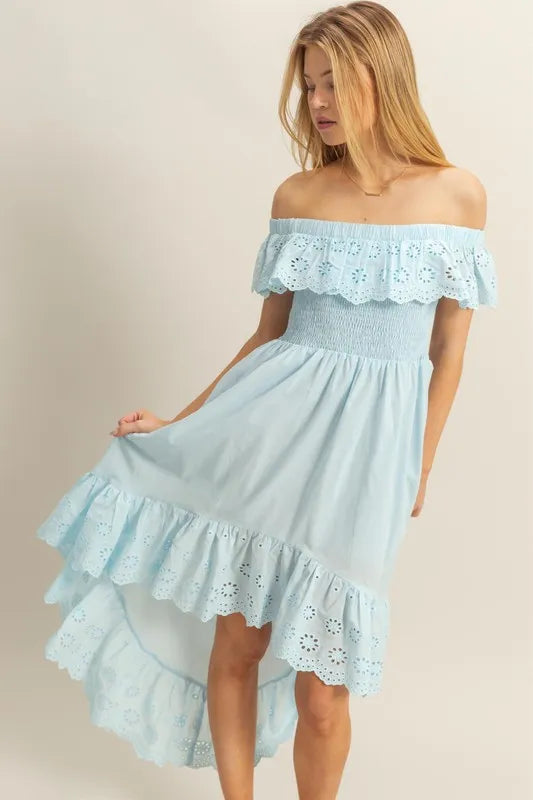 Comfortable, blue, off the shoulder, sun dress, women’s clothing