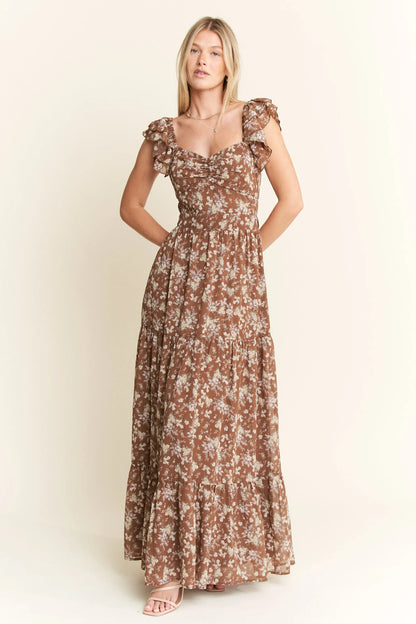 comfortable, sun dress, flower, pattern, brown, women’s clothing