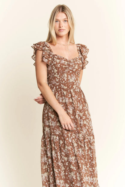 comfortable, sun dress, flower, pattern, brown, women’s clothing