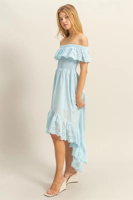 Comfortable, blue, off the shoulder, sun dress, women’s clothing