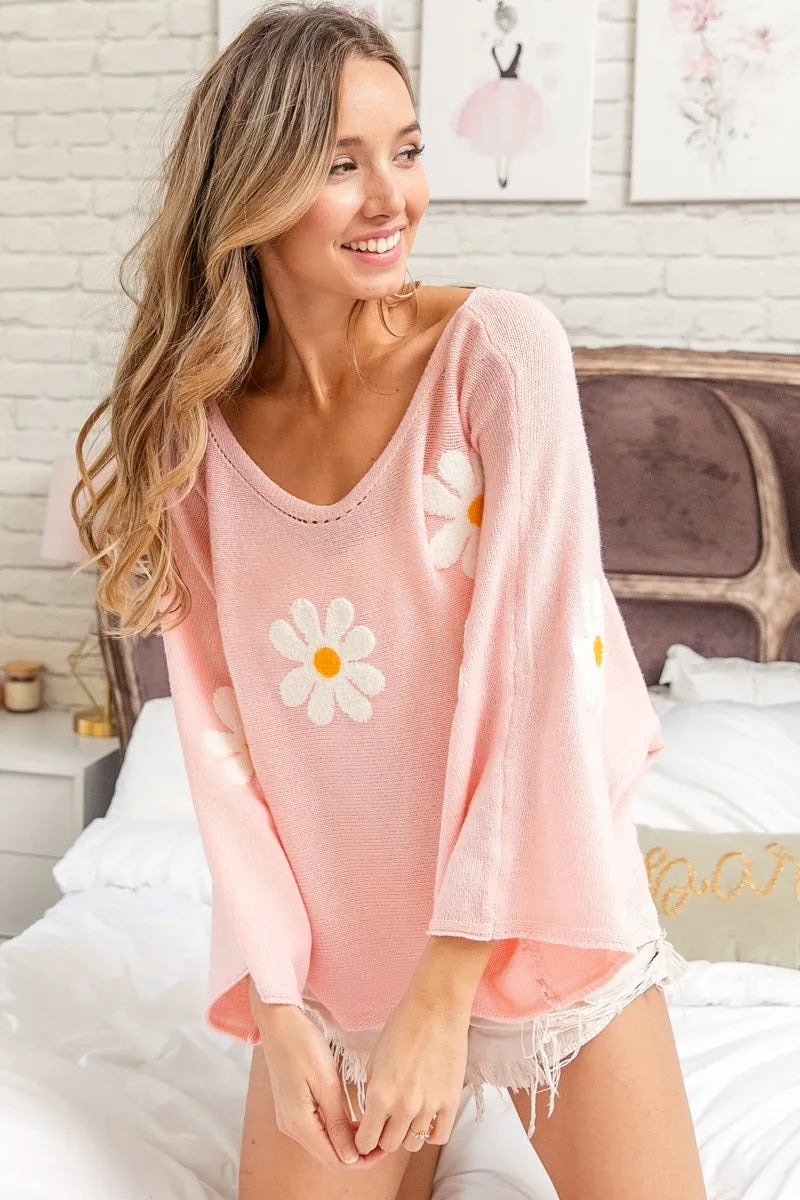 Comfortable, sweater, pink, flower pattern, women’s clothing