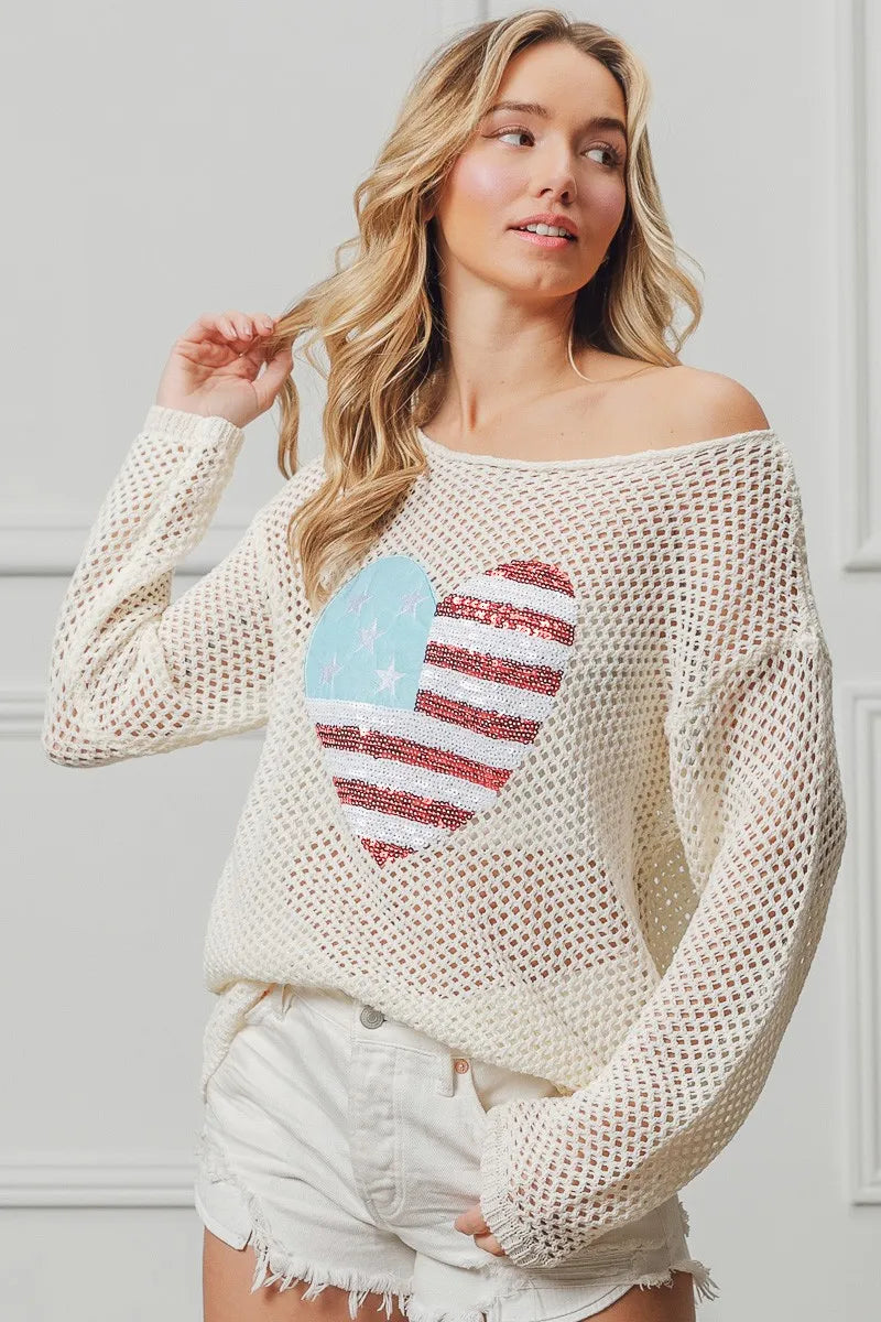 Comfortable, sweater, flag, heart shape, off white, women’s clothing